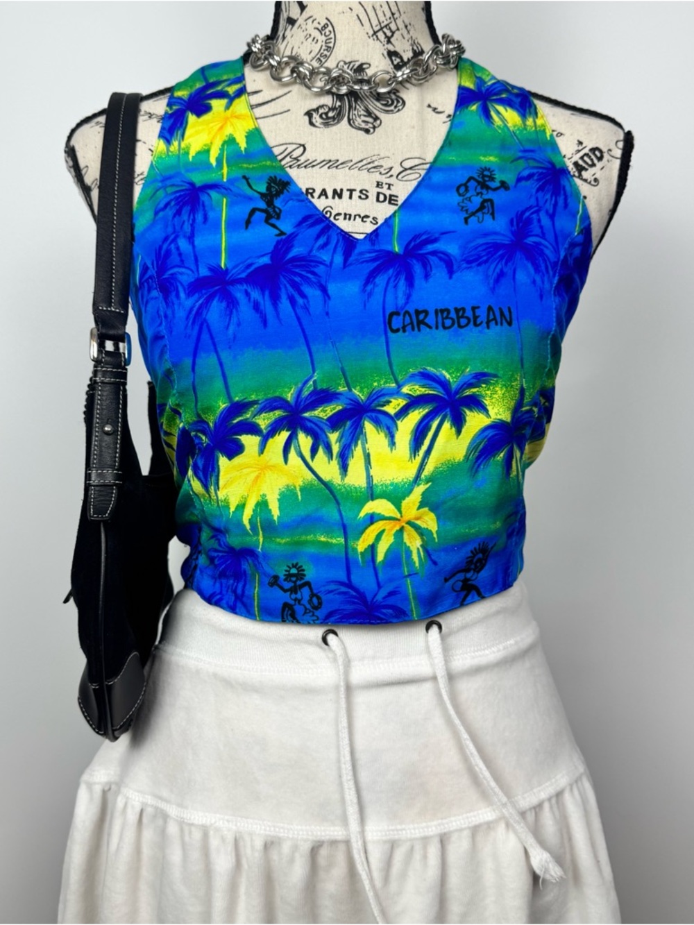 Rima Imar Blue Green Yellow Palm-Print V-Neck Crop Tank